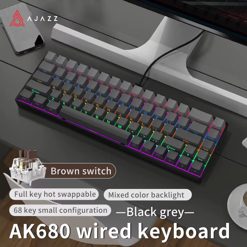 AK680 Gaming Mechanical Keyboard ABS Keycap 68 Keys Wired Wireless Bluetooth Keyboard Hot Swap Custom Gasket for Pc Laptop